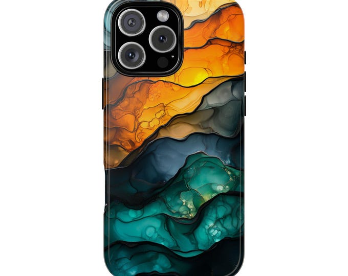 Marble Waves Dynamic Orange Teal Hues Phone Case: Tough Cover for iPhone (MagSafe Compatible), Samsung Galaxy, Pixel