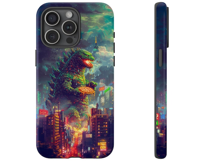 Green Kaiju Eating Pizza Pie City Phone Case: iPhone, Galaxy, Pixel - Lifetime Warranty
