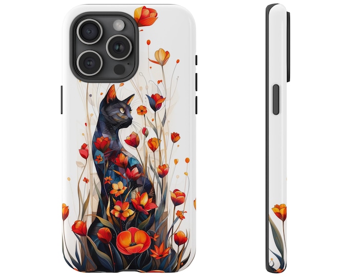 Black Cat Silhouette Tupil Floral Lily Flowers Phone Case: iPhone, Galaxy, Pixel - Lifetime Warranty