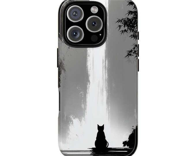 Black Cat Waterfall Watercolor Ink Phone Case: iPhone, Galaxy, Pixel - Lifetime Warranty