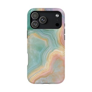 May include: A smartphone case featuring a swirling agate-inspired pattern in soft shades of mint green, peach, and cream. The design includes a black rectangular camera module cutout at the top, revealing three circular camera lenses.
