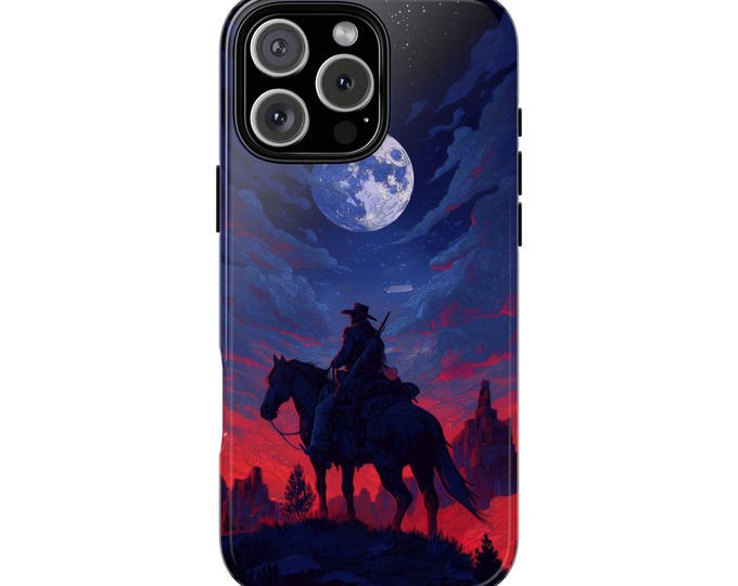 Cowboy Western Horse Rider Red Mist Moon Phone Case: iPhone, Galaxy, Pixel - Lifetime Warranty