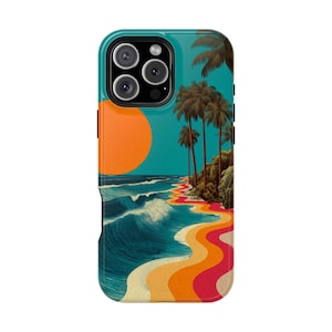 Retro 80s Neon Beach Palm Trees Phone Case: iPhone, Galaxy, Pixel - MagSafe Compatible