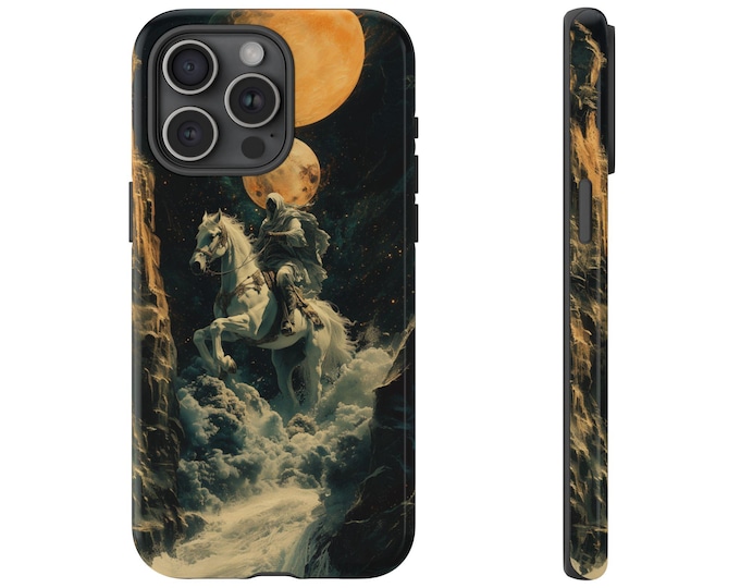 Death Riding Horse Phone Case | iPhone, Samsung Galaxy, Pixel | White Tarot Card Double Lunar Moon Knight Artistic Design Tough Cover