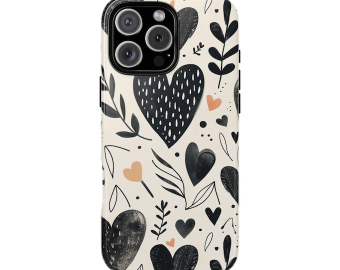 Black Love Hearts Floral Minimalist Phone Case: iPhone, Galaxy, Pixel - Lifetime Warranty