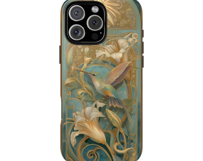 Art Nouveau Hummingbird Gold Flower Phone Case: iPhone, Galaxy, Pixel - Lifetime Warranty
