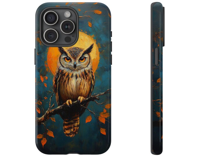 Owl Tree Branch Phone Case | iPhone, Samsung Galaxy, Pixel | Night Owl Perched on Tree Branch Moon Painting Style Bird Design Tough Cover