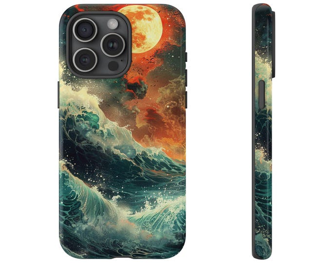 Ocean Waves Blood Moon Oil Painting Phone Case: iPhone, Galaxy, Pixel - Lifetime Warranty