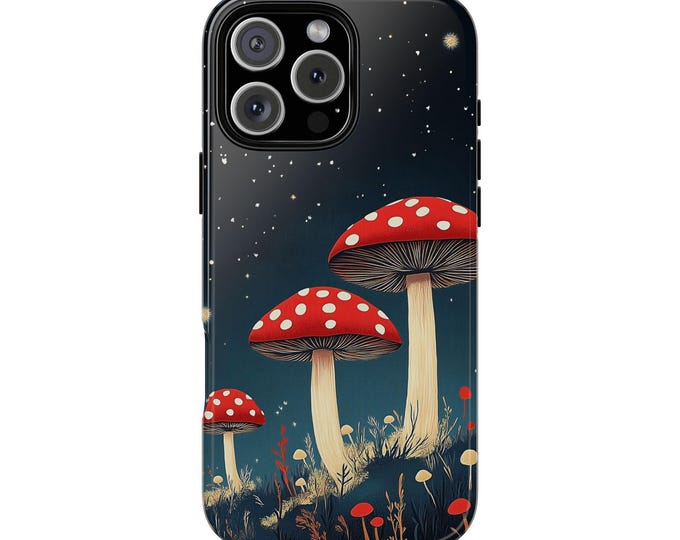 Toadstool Red Mushroom Night Sky Illustration Phone Case: iPhone, Galaxy, Pixel - Lifetime Warranty