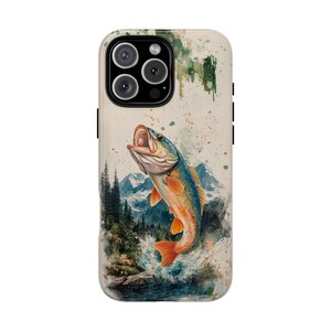 Mountain Lake Bass Fish Watercolor Fishing Shockproof Protector Cover Phone Case for iPhone 16 15 14 13 12 11, Galaxy S25 S24 S23, Pixel 9 8