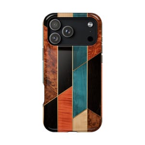 May include: A smartphone case featuring a geometric pattern of vertical and diagonal panels in various wood grains and colors, including dark brown, light tan, vibrant orange, and teal blue, separated by thin gold-colored lines.