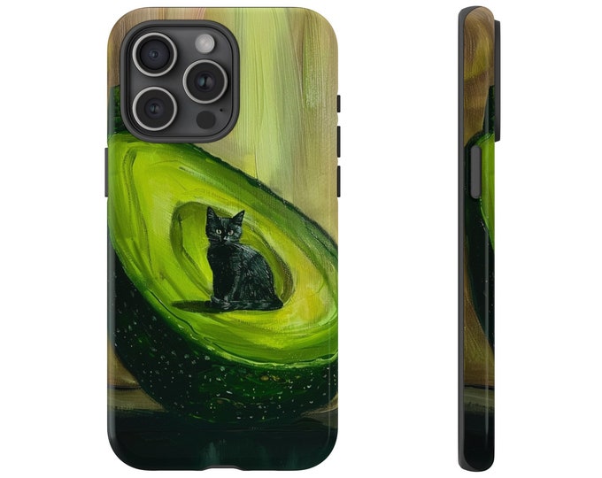 Green Avocado Cat Seed Pit Phone Case: iPhone, Galaxy, Pixel - Lifetime Warranty