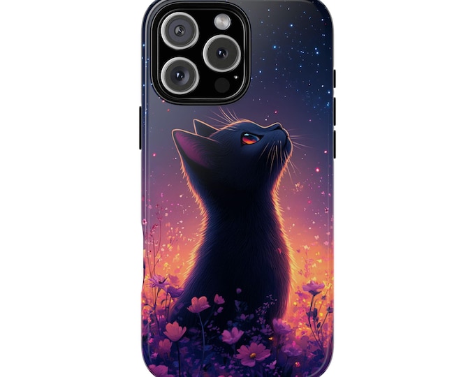 Black Cat Night Stars Wildflowers Phone Case: iPhone, Galaxy, Pixel - Lifetime Warranty
