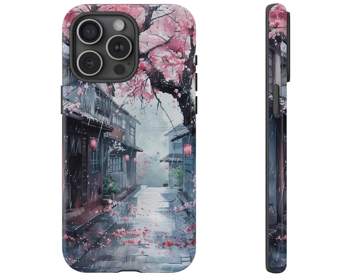 Phone Case for Galaxy, iPhone, Pixel | Old Japan Village Town Alley in Rain with Sakura Cherry Blossom Flowers | Tough Cover Protector