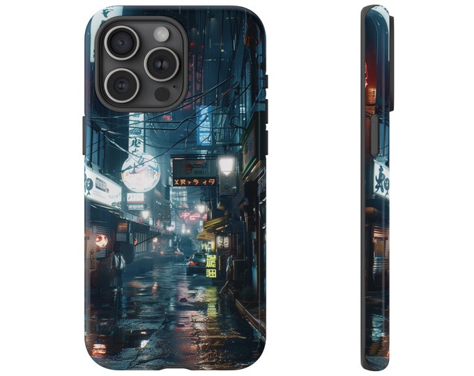 Phone Case for Galaxy, iPhone, Pixel | Tokyo Neon Noir: Tokyo Japan at Night Rain-Kissed Alley Streets Drizzle Pavement | Tough Cover