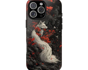 White Fox Kitsune Spirit Red Floral Phone Case for iPhone, Galaxy, Pixel – Lifetime Warranty