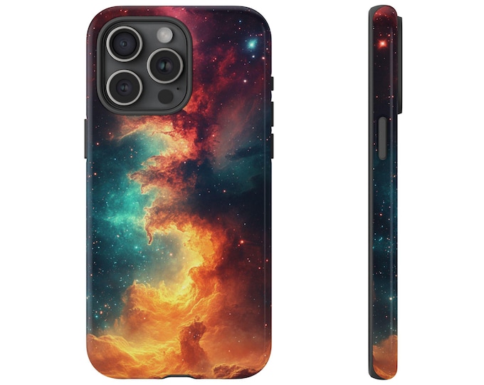 Teal Nebula Space Cover, Orange Pink Space Universe Phone Case: iPhone, Galaxy, Pixel - Lifetime Warranty