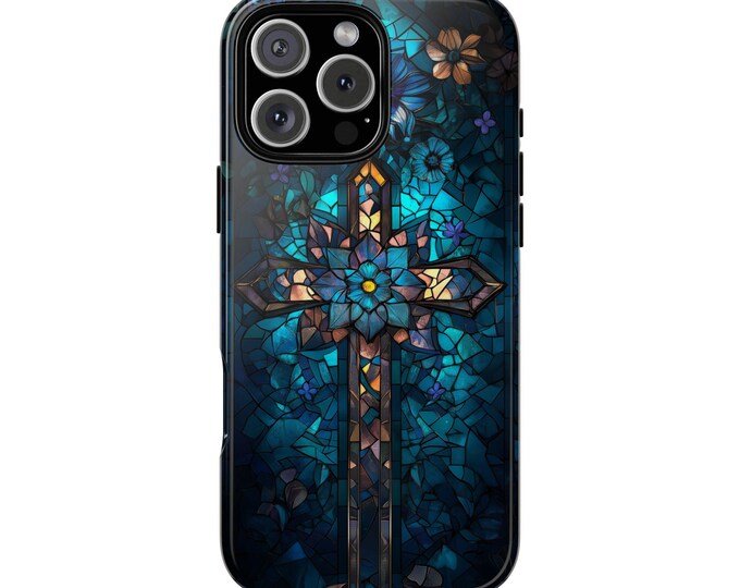 Blue Stained Glass Cross Christian Phone Case - iPhone 17 Pro Max 16 15 14 13 12 11, Samsung Galaxy S25 Ultra S24 S23 S22, Google Pixel