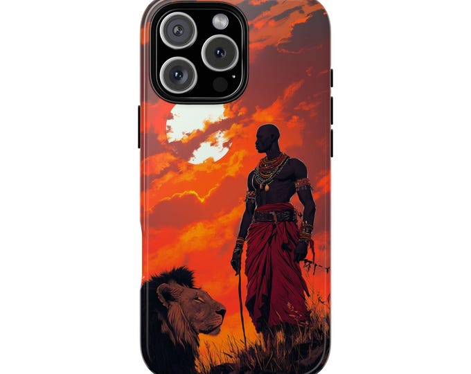 Maasai African Warrior Lion Sunset Phone Case: iPhone, Galaxy, Pixel - Lifetime Warranty
