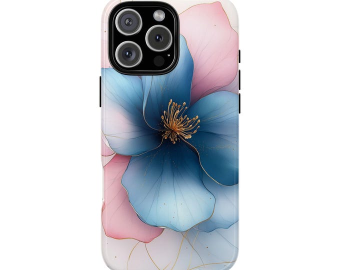 Sapphire Bloom Pink Blue Flower Gold Accents Hibiscus Phone Case - iPhone 17 Pro Max 16 15 14 13 12, Samsung Galaxy S25 S24 S23, Pixel
