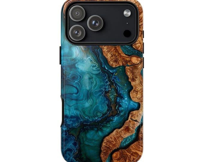 Teal Blue Wood Resin Marble Print Phone Case: iPhone, Galaxy, Pixel - Lifetime Warranty