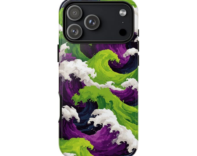 Neon Green Purple Raging Waves Phone Case: iPhone, Galaxy, Pixel - Lifetime Warranty