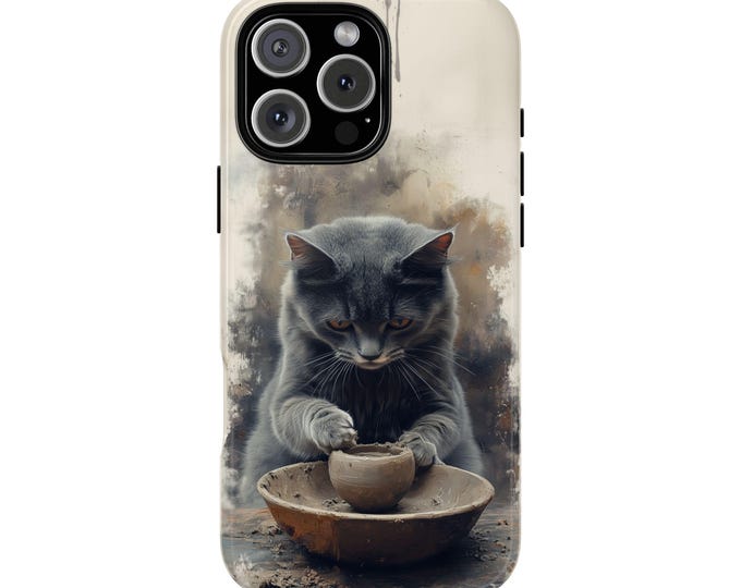 Pawttery Gray Cat Clay Pot Artwork Kitty Pottery Phone Case: iPhone, Galaxy, Pixel - Lifetime Warranty