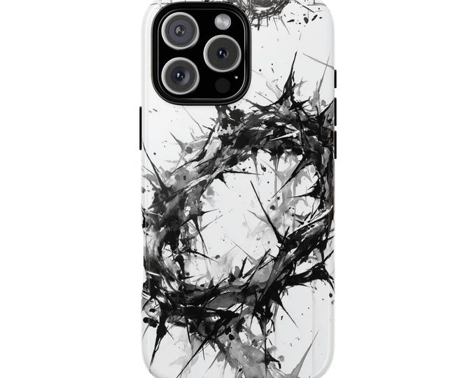 Crown of Thorns Black Ink Watercolor Phone Case: iPhone, Galaxy, Pixel - Lifetime Warranty