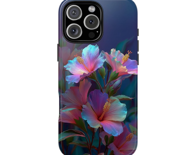 Neon Hibiscus Iridescent Tropical Floral Phone Case: iPhone, Galaxy, Pixel - Lifetime Warranty