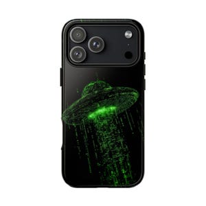 May include: A black smartphone case featuring a green digital graphic of a flying saucer emitting a beam of light composed of binary code and data streams. The design is set against a solid black background, highlighting the glowing green aesthetic.