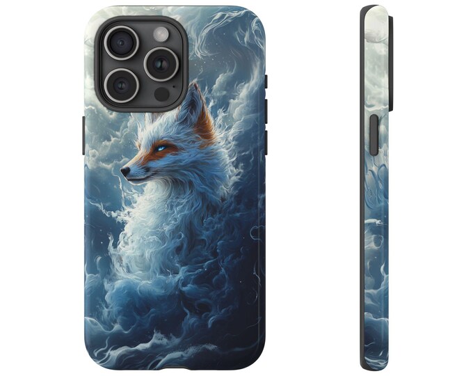 Kitsune Arctic Fox Case, White Orange Animal Foxes Cover, Cloudy Smoke Waves Majestic Design - Phone Case for Samsung Galaxy, iPhone, Pixel