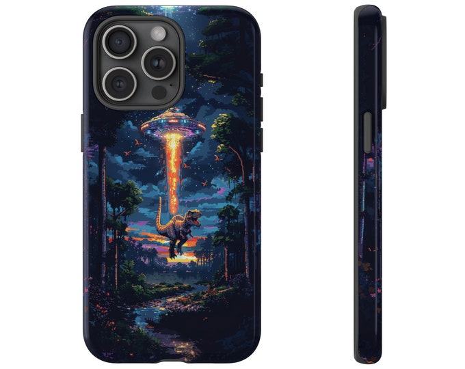 Pixel Bit UFO Dinosaur Jurassic Abduction T-Rex Dino Phone Case: iPhone, Galaxy, Pixel - Lifetime Warranty