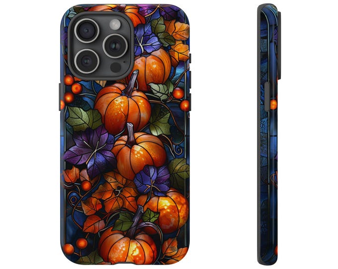 Pumpkin Harvest Vines Purple Stained Glass Phone Case: iPhone, Galaxy, Pixel - Lifetime Warranty