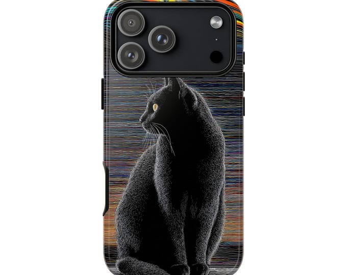 Sleek Black Cat Colorful Swirl Phone Case: iPhone, Galaxy, Pixel - Lifetime Warranty