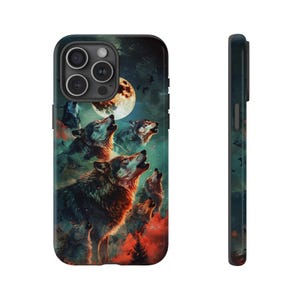 Phone Case for Galaxy, iPhone, Pixel | Lunar Howl: Wolves Howling at a Full Moon Wolf Pack in Forest Red Gray | Tough Cover Protector
