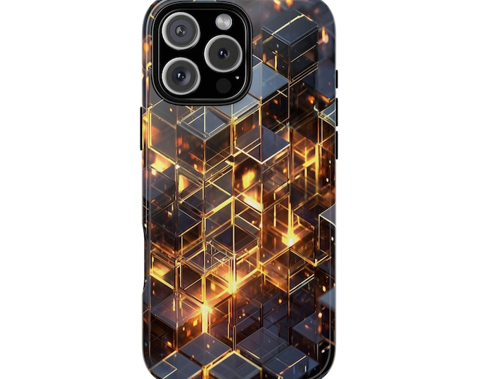 Geometric Power Golden Glow Cubes Phone Case: iPhone, Galaxy, Pixel - Lifetime Warranty