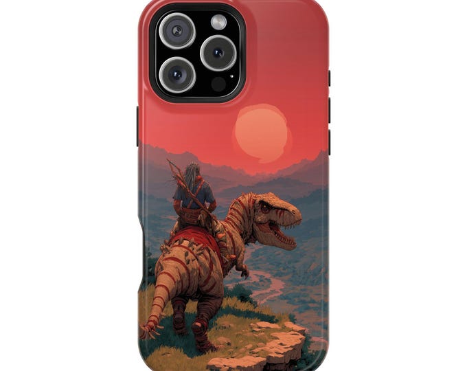 Dino Rider Sunset Dinosaur Warrior Phone Case: iPhone, Galaxy, Pixel - Lifetime Warranty