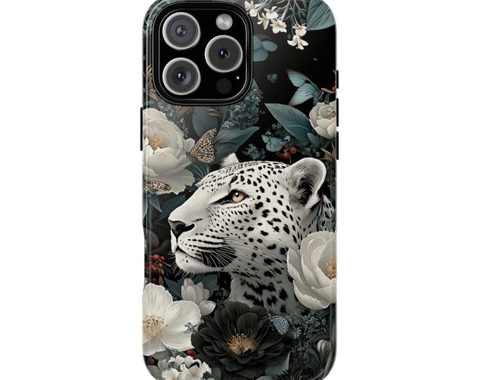 White Snow Leopard Flower Garden Cat Phone Case: Tough Cover for iPhone (MagSafe Compatible), Samsung Galaxy, Pixel