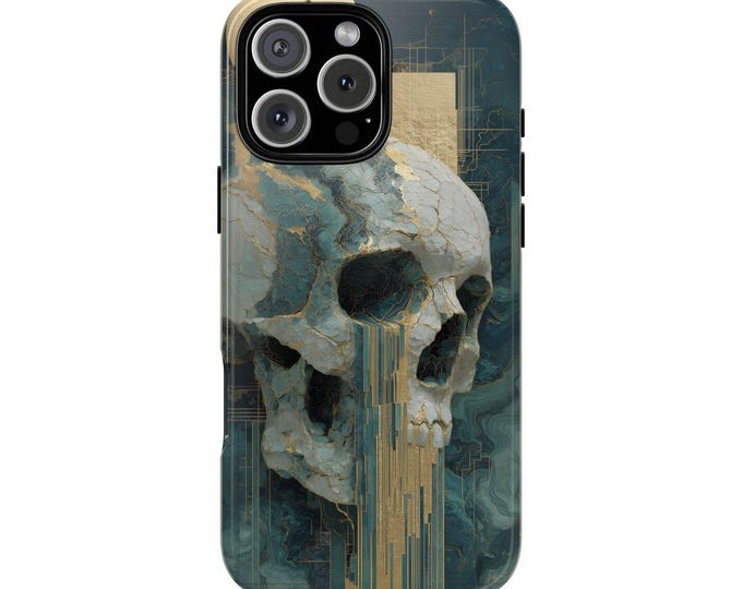 Skull Gold Green Glitch Waterfall Phone Case: iPhone, Galaxy, Pixel - Lifetime Warranty