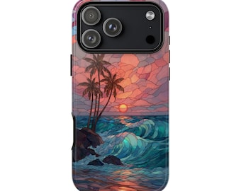 Peach Pink Sunset Beach Stained Glass Phone Case • Original Artwork • Heavy Duty Protection • Tech Gift • Lifetime Warranty