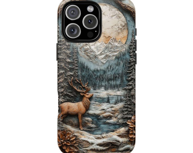 Carved Deer Mountain Pines Wooden Style Print Phone Case: iPhone, Galaxy, Pixel - Lifetime Warranty