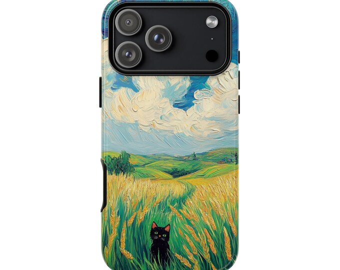 Black Cat Wheat Field Pastel Paint Phone Case: iPhone, Galaxy, Pixel - Lifetime Warranty
