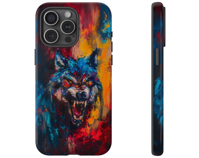 Phone Case for Galaxy, iPhone, Pixel | Wolf Oil Painting Wilderness Orange and Blue Paint Canvas | Dual Layer Tough Cover Protector