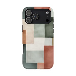 May include: A smartphone case featuring a geometric pattern of rectangular blocks in muted shades of sage green, terracotta, cream, and off-white. The design covers the back of the case, which includes a black camera module with three lenses.
