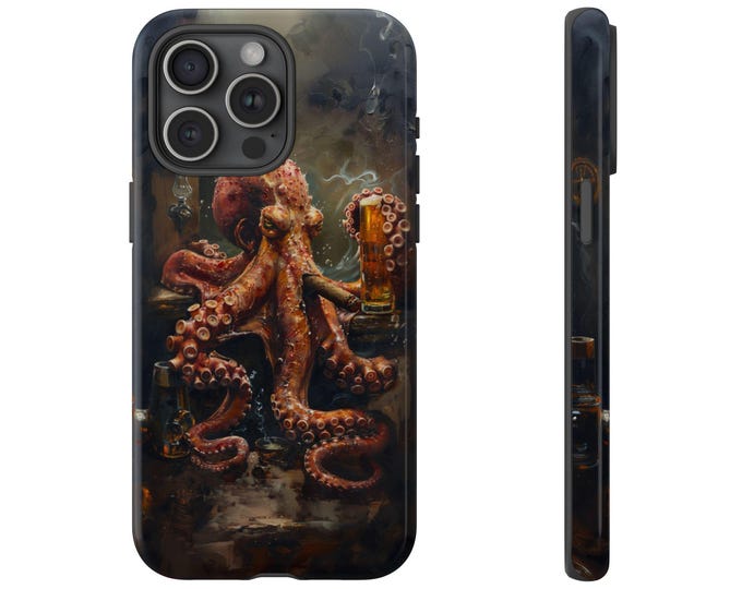 Octopus Smoking Cigar Beer Phone Case: iPhone, Galaxy, Pixel - Lifetime Warranty