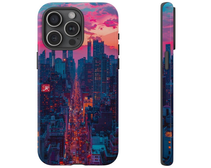 Abstract Neon Sky Sunset City Buildings Phone Case: iPhone, Galaxy, Pixel - Lifetime Warranty