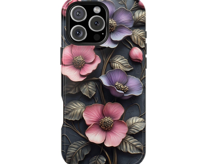 Pink Purple Embossed Flowers Phone Case: iPhone, Galaxy, Pixel - Lifetime Warranty
