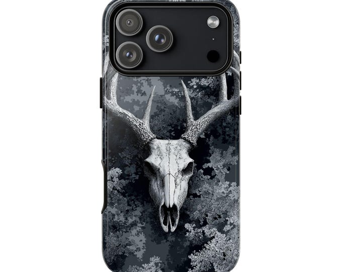 Grayscale Deer Skull Antlers Phone Case: iPhone, Galaxy, Pixel - Lifetime Warranty
