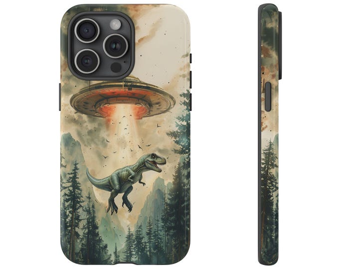 UFO Dino Abducting T-Rex Dinosaur Phone Case: iPhone, Galaxy, Pixel - Lifetime Warranty