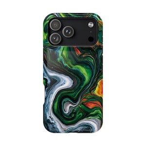 May include: A smartphone case featuring a swirling abstract pattern of deep forest green, black, white, and vibrant orange hues. The design covers the back of the device, surrounding the black camera module which contains three circular lenses.